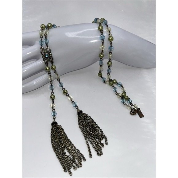 1928 Necklace Antiqued Faceted Beads Faux Pearls Tassels Lariat Style Estate 32" - Picture 2 of 3